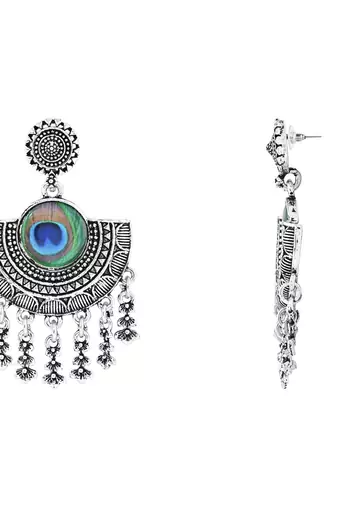 Navratri Ethnic Silver Oxidised Afghani Peacock Feather Design Drop Earrings For Women & Girls 
