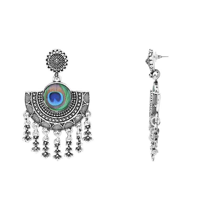 Navratri Ethnic Silver Oxidised Afghani Peacock Feather Design Drop Earrings For Women & Girls 