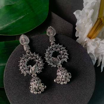 Navratri Ethnic Silver Oxidised Afghani Style Peacock Fether Earrings For Women & Girls  1