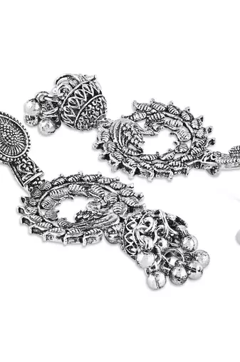Navratri Ethnic Silver Oxidised Afghani Style Peacock Fether Earrings For Women & Girls 