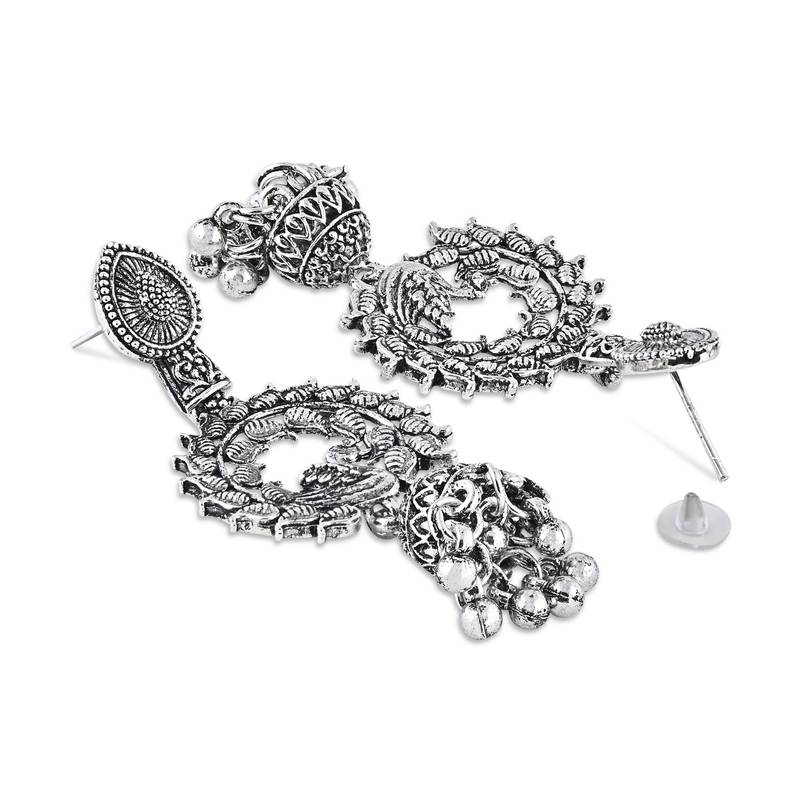 Navratri Ethnic Silver Oxidised Afghani Style Peacock Fether Earrings For Women & Girls 