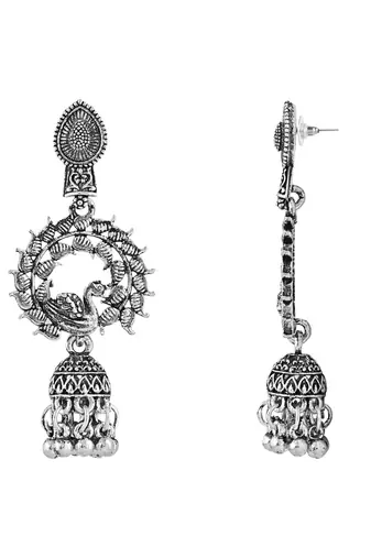 Navratri Ethnic Silver Oxidised Afghani Style Peacock Fether Earrings For Women & Girls 