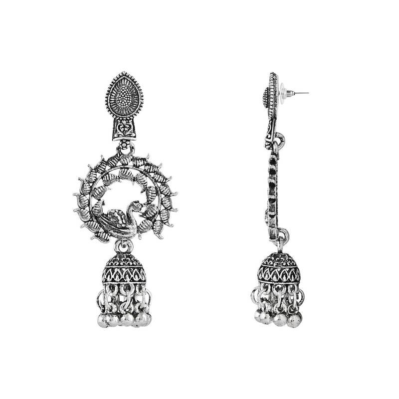 Navratri Ethnic Silver Oxidised Afghani Style Peacock Fether Earrings For Women & Girls 
