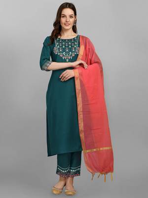  women cotton blend kurta pant dupatta set 1