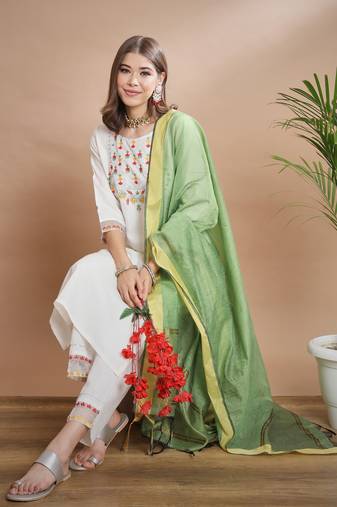  women cotton blend kurta pant dupatta set