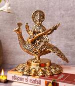 The Advitya Brass Saraswati Sitting On Hans Statue Idol Murti