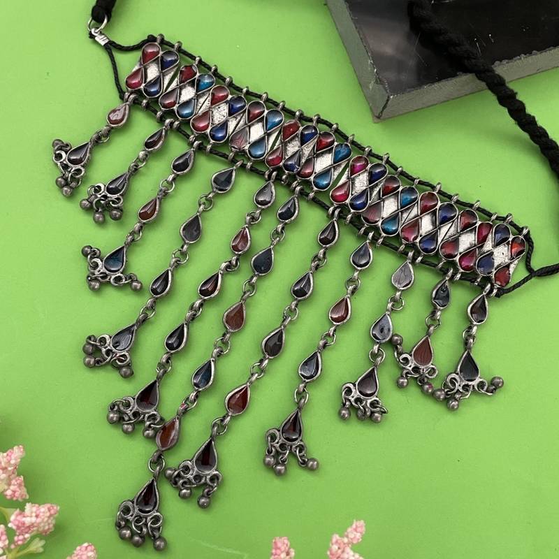 Banjara oxidized choker necklace multicolor enamel drop design