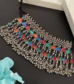 Banjara oxidized choker necklace multi enamel & ghungroo dangling design bohemian tribal for women