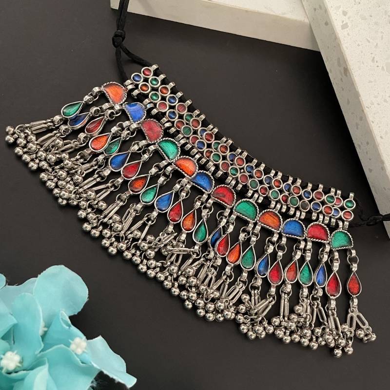 Banjara oxidized choker necklace multi enamel ghungroo dangling