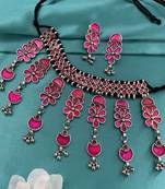 Banjara oxidized necklace & earrings pink enamel choker floral design bohemian tribal for women