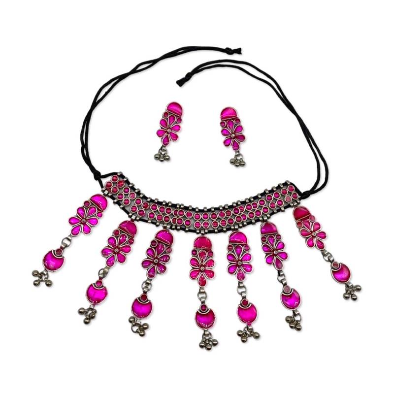 Banjara oxidized necklace & earrings pink enamel choker floral design bohemian tribal for women