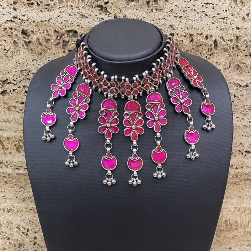 Banjara oxidized necklace & earrings pink enamel choker floral design bohemian tribal for women