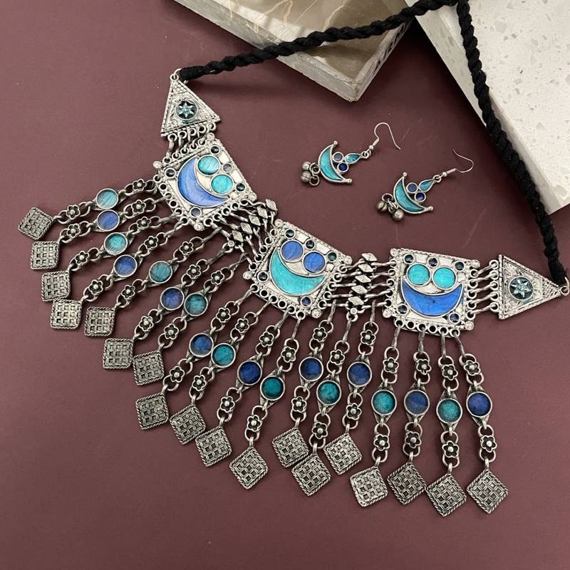 Banjara oxidized choker necklace earring blue enamel design