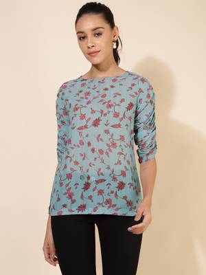 Janasya women's mint green georgette floral printed regular top 1