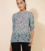 Janasya women's mint green georgette floral printed regular top