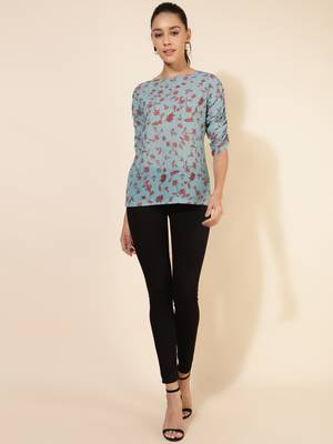 Janasya women's mint green georgette floral printed regular top 2