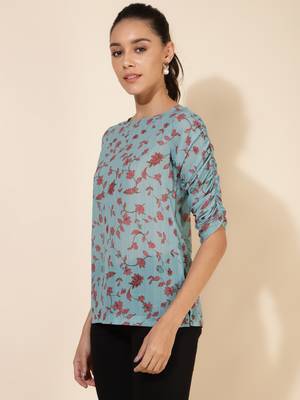 Janasya women's mint green georgette floral printed regular top 4