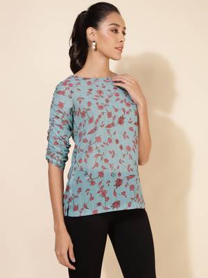 Janasya women's mint green georgette floral printed regular top 5