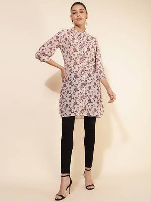 Janasya women's beige georgette floral printed regular tunic 1