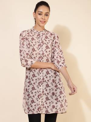 Janasya women's beige georgette floral printed regular tunic 2