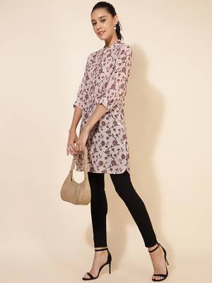 Janasya women's beige georgette floral printed regular tunic 3