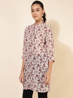 Janasya women's beige georgette floral printed regular tunic 4
