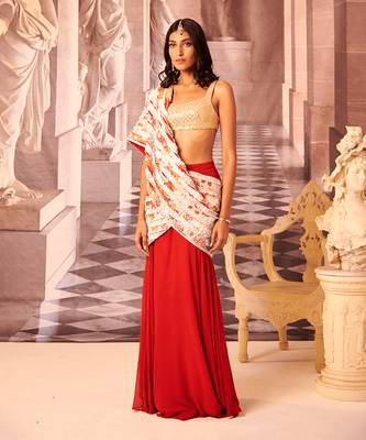 Red handcrafted cotton pre draped saree set 2