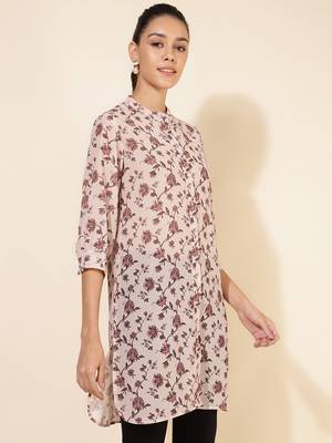 Janasya women's beige georgette floral printed regular tunic 5
