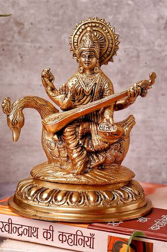 The Advitya Goddess Saraswati Sitting On Hans Statue Idol Murti