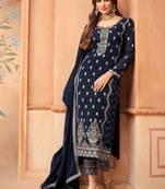 Blue Embroidered Georgette  Straight Suit Free size full stitched Up To 42" Size
