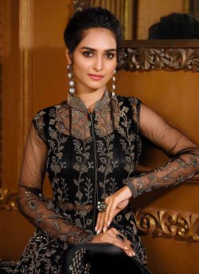 Black Embroidered Net Semi Stitched Anarkali Suit Up To 42" Size 2