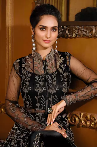 Black Embroidered Net Semi Stitched Anarkali Suit Up To 42" Size
