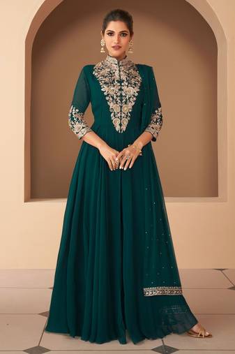 Teal Green Embroidered Georgette  Suit Free size full stitched Up To 42" Size