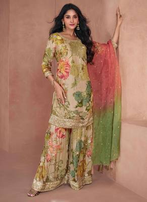 Multicolor Cotton Palazzo Suit With Sequin Embroidery(Size Up to 42") 1