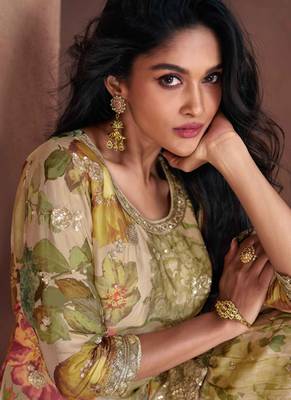Multicolor Cotton Palazzo Suit With Sequin Embroidery(Size Up to 42") 2