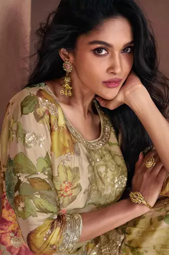 Multicolor Cotton Palazzo Suit With Sequin Embroidery(Size Up to 42")