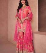 Pink Embroidered Georgette Free Size Stitched Straight Palazzo Suit