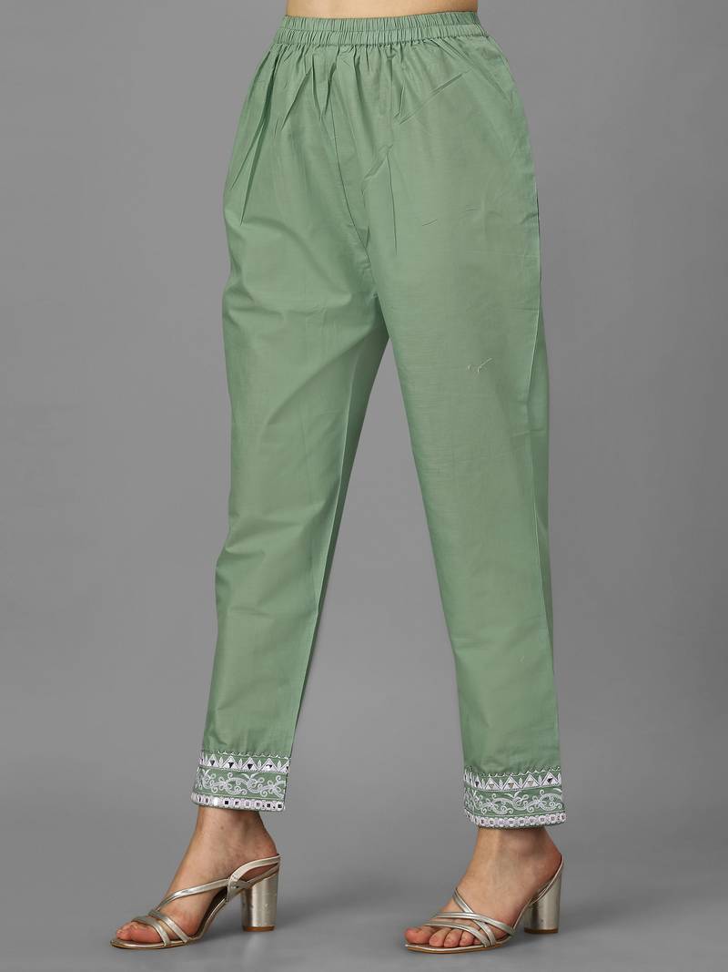 Trendmalls Green Cotton Embroidered Paper mirror Work Party Wear Kurta Pant with Dupatta Salwar Suit Set