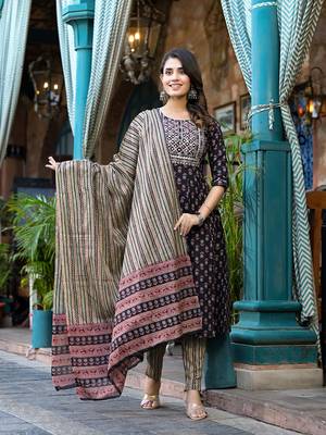 Yufta women black pure cotton anarkali floral,thread work kurta trouser with dupatta set 1