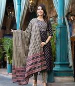 Yufta women black pure cotton anarkali floral,thread work kurta trouser with dupatta set