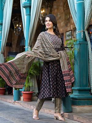 Yufta women black pure cotton anarkali floral,thread work kurta trouser with dupatta set 2