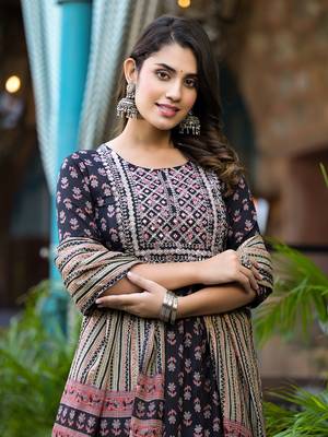 Yufta women black pure cotton anarkali floral,thread work kurta trouser with dupatta set 4
