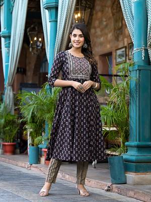 Yufta women black pure cotton anarkali floral,thread work kurta trouser with dupatta set 5