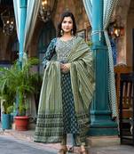  teal green floral,sequins work kurta trouser with dupatta set