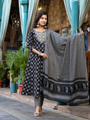 Yufta women black pure cotton anarkali dori embroidery kurta trouser with dupatta set 1