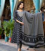 Yufta women black pure cotton anarkali dori embroidery kurta trouser with dupatta set
