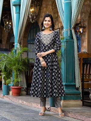 Yufta women black pure cotton anarkali dori embroidery kurta trouser with dupatta set 5
