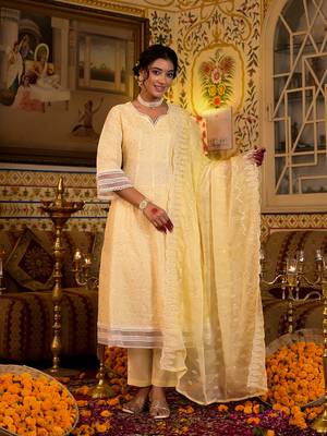 Yufta women yellow pure cotton sequence work anarkali kurta trouser with dupatta set 1