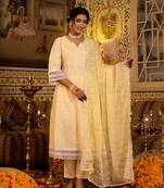 Yufta women yellow pure cotton sequence work anarkali kurta trouser with dupatta set