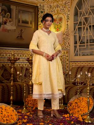Yufta women yellow pure cotton sequence work anarkali kurta trouser with dupatta set 2